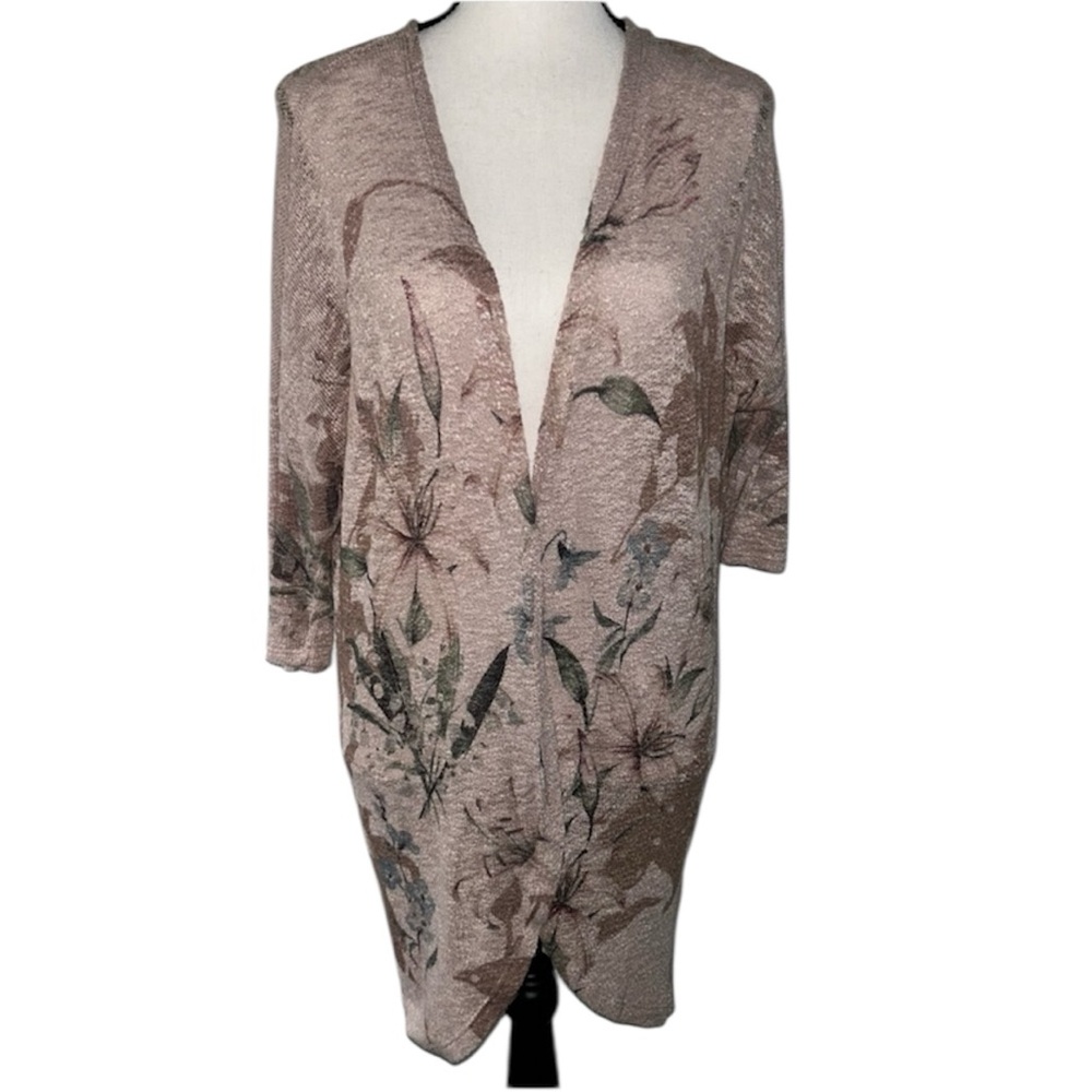Ginger G Blush Long Kimono Tan Floral Cardigan Shawl Size Large